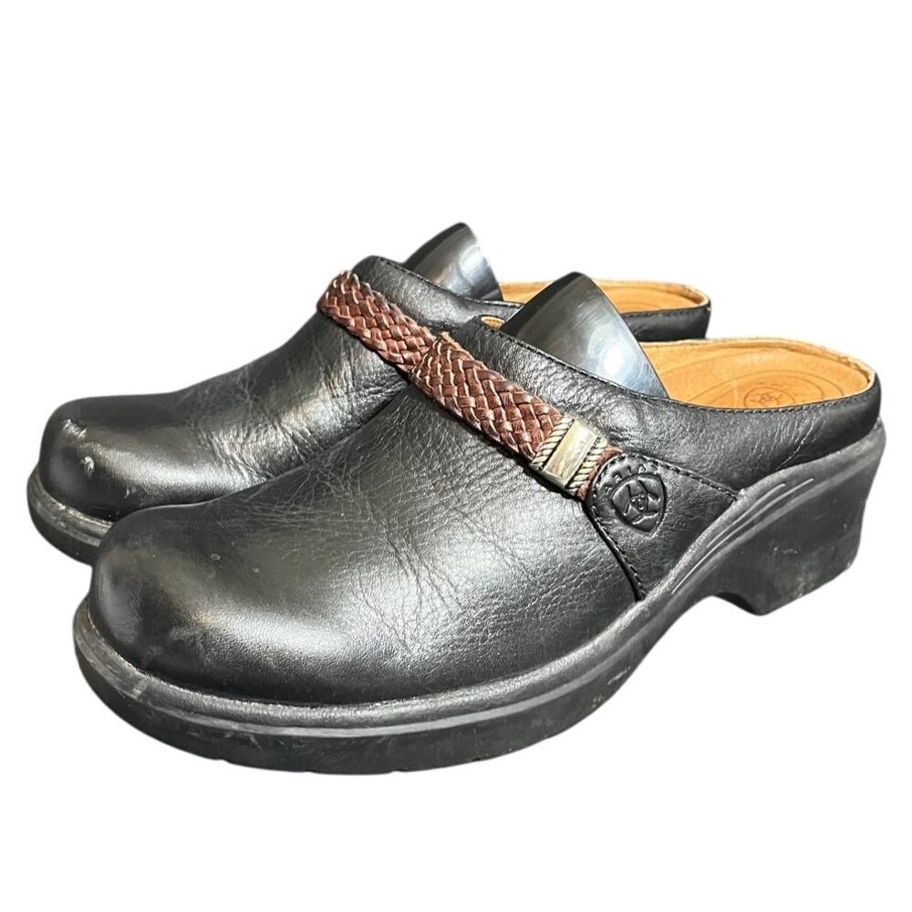 ARIAT Women's 8 B Leather Black Mule Clog Western Braided Silver‎ Accent Comfort